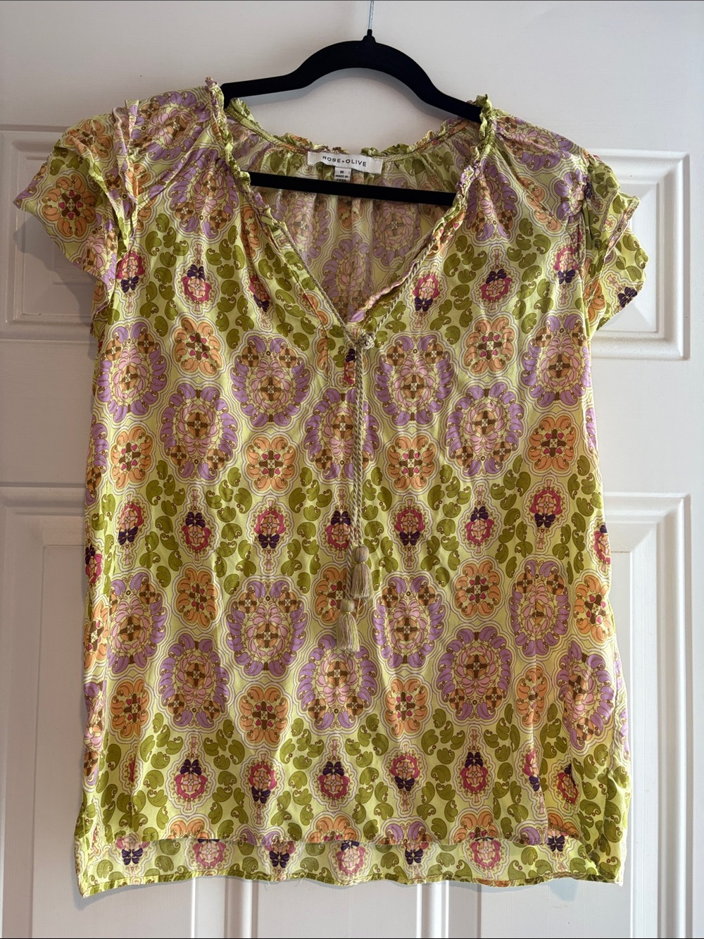 Rose & Olive Lime Green and Lavender Floral-Print Short Sleeve Blouse
